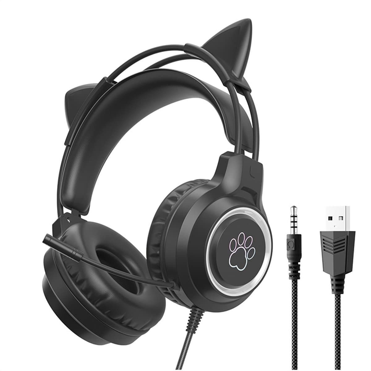 KINSI Gaming Headset met Kattenoren - Ruisonderdrukkende Microfoon 360° - Bedrade hoofdtelefoon - RGB Verlichting & Comfortabele Oorkussens