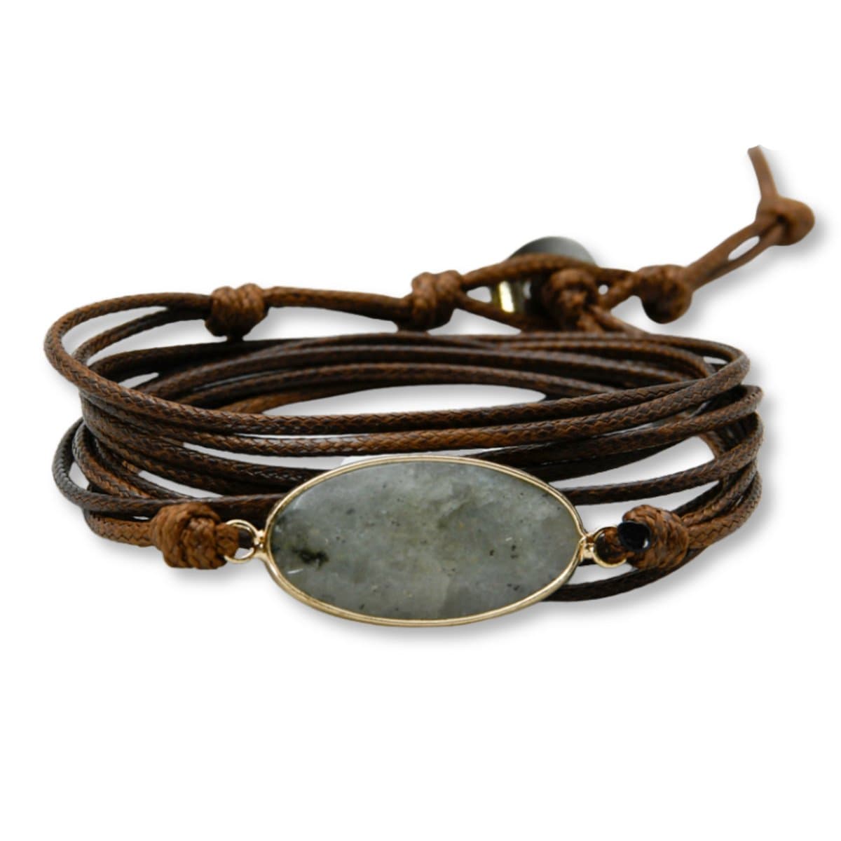 Marama - Wikkel Armband Edelsteen Labradoriet Ovaal Bruin Waxcord - edelsteen - dames - verstelbaar