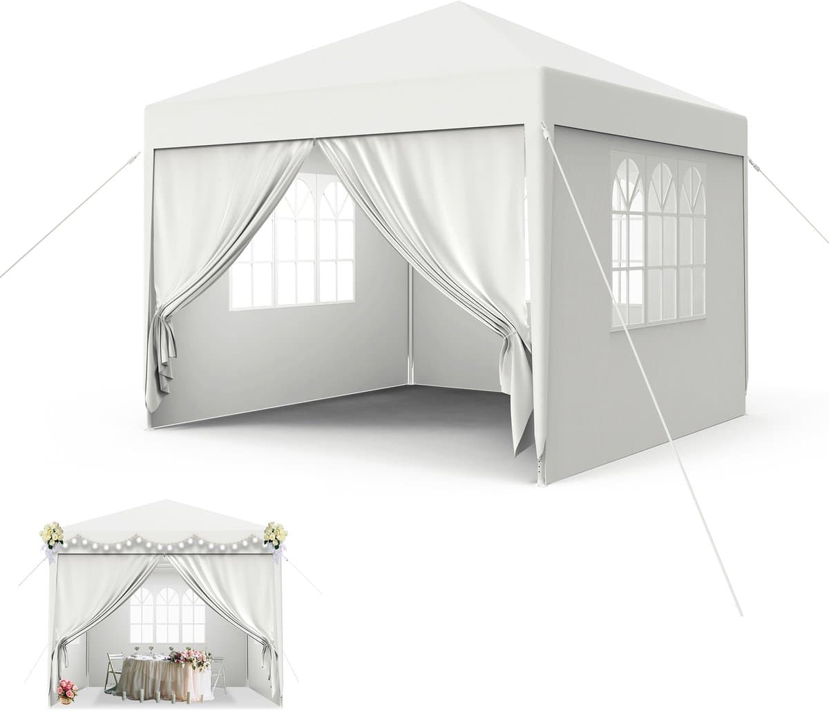 Paviljoen, 3 x 3 m, partytent, stabiel, waterdicht, winterbestendig, uv-bescherming, tuinpaviljoen, feesttent, biertent, campingtent met zijdelen en ramen, voor tuin en camping, wit