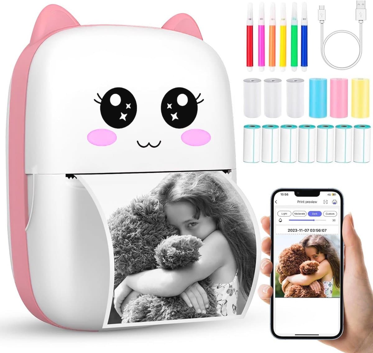 Draagbare mini thermische fotoprinter - Draadloze Bluetooth printer met 13 rollen thermisch papier en kleurpennen