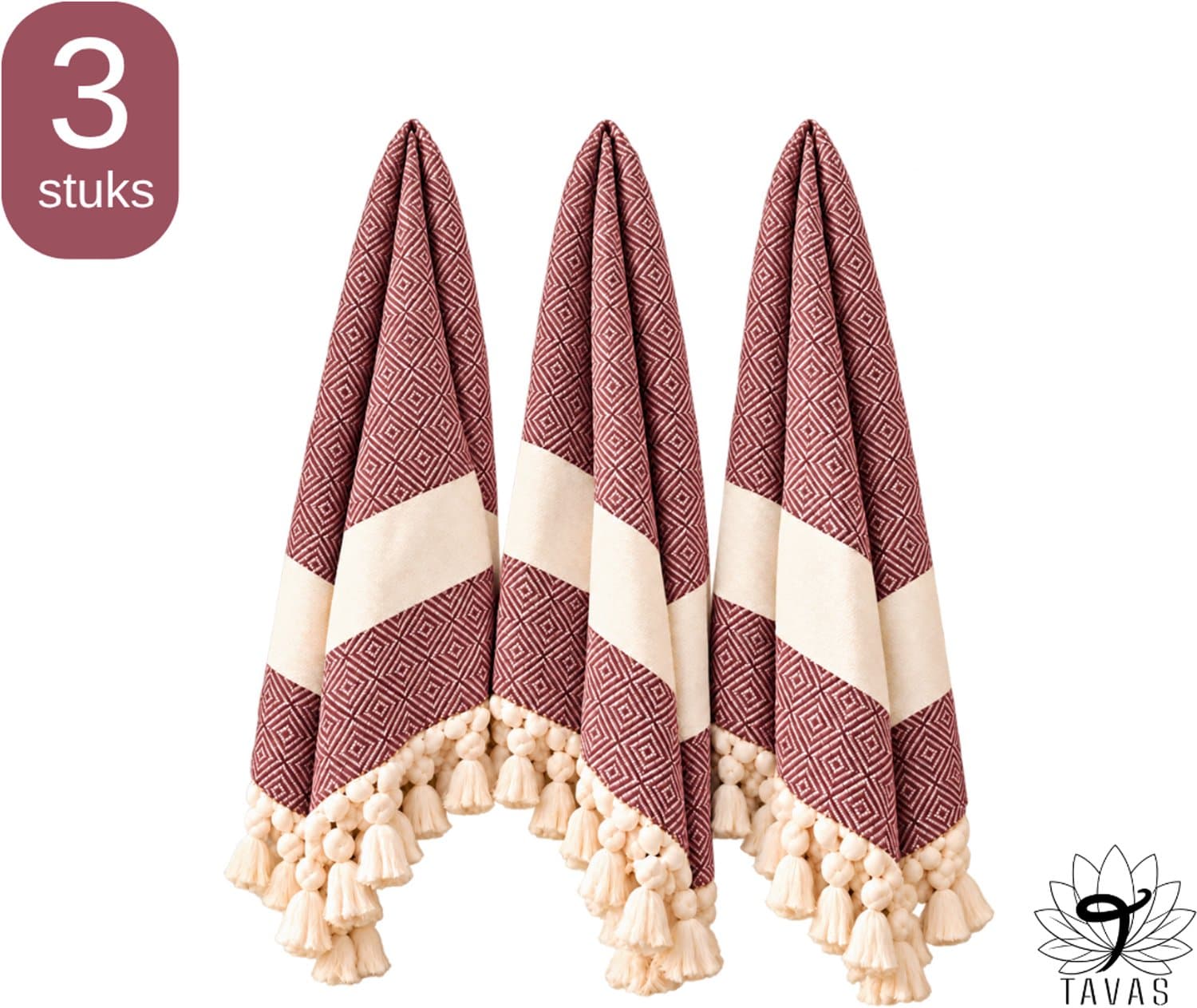 TAVAS Theedoeken & Keukendoeken Set – 3 x 50x90cm – Bordeaux - 100% Katoen – Wafelstructuur – Sneldrogend – Zachte Handdoeken voor Keuken