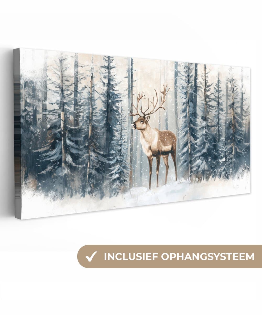Canvas schilderij 60x30 cm - Exclusieve wanddecoratie Rendier - Sneeuw - Woud - Wit - Muurdecoratie woonkamer - Slaapkamer decoratie - Kamer accessoires - Schilderijen op canvas