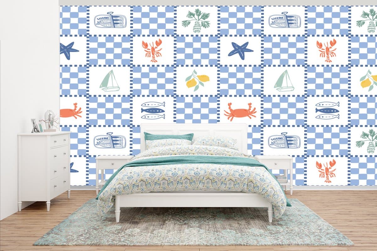 Behang - Fotobehang Zee - Sfeer- Mozaïek - Blauw - Breedte 500 cm x hoogte 280 cm