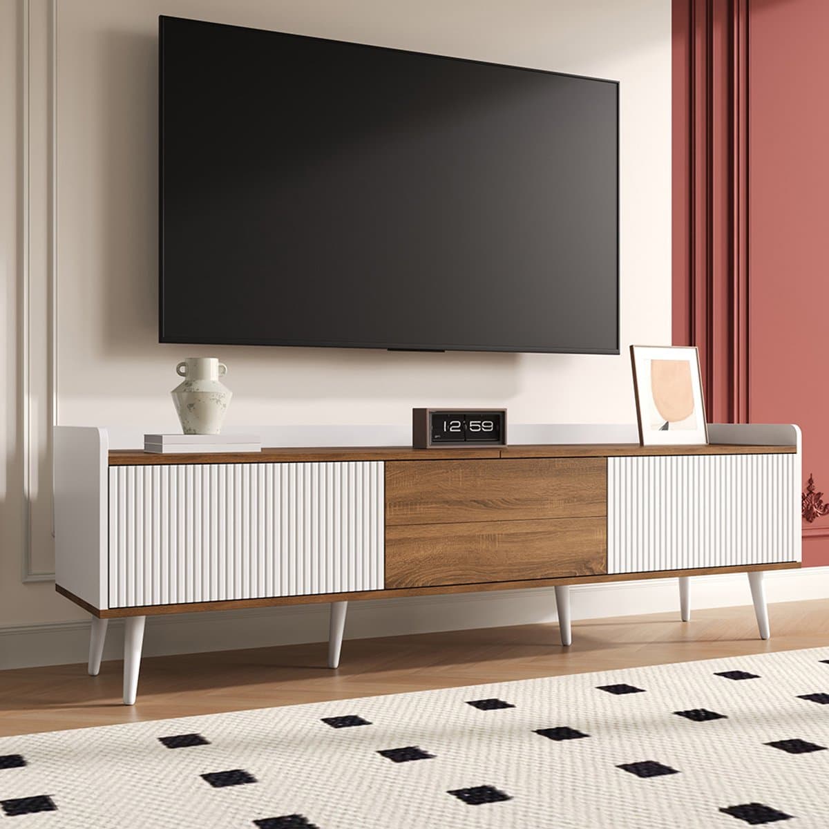 BLACKCOLORS TV-meubel, tv-tafel, tv-standaard, laag meubel met drie deuren. Compacte constructie. Afwerking in wit en naturel hout. Hoogte 49,5 cm / lengte 160 cm / breedte 39 cm