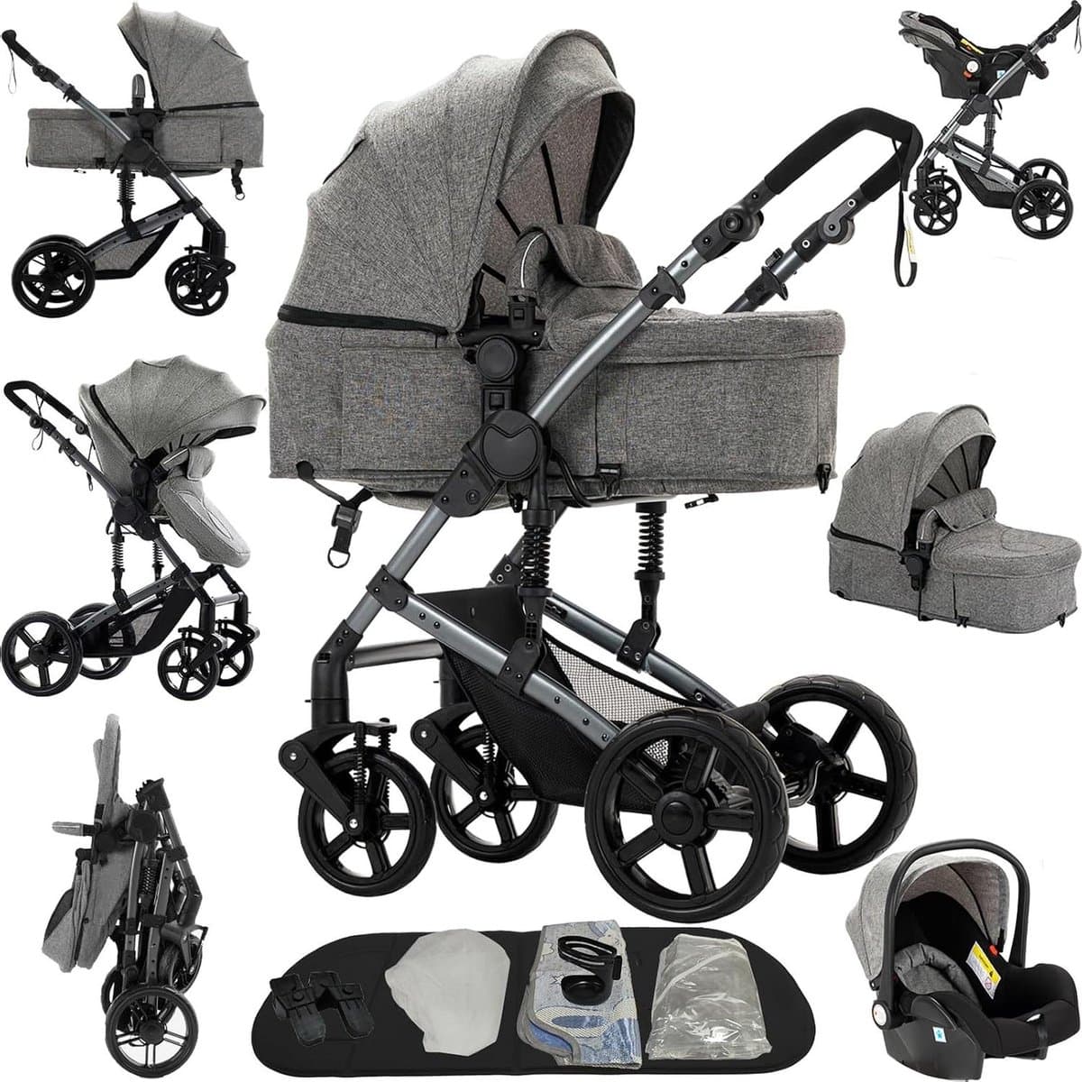 Trio Kinderwagen - 3-in-1 Reiswieg - Baby Vervoeren - Dubbele Duwrichting - 82 x 61 x 105 cm - Grijs
