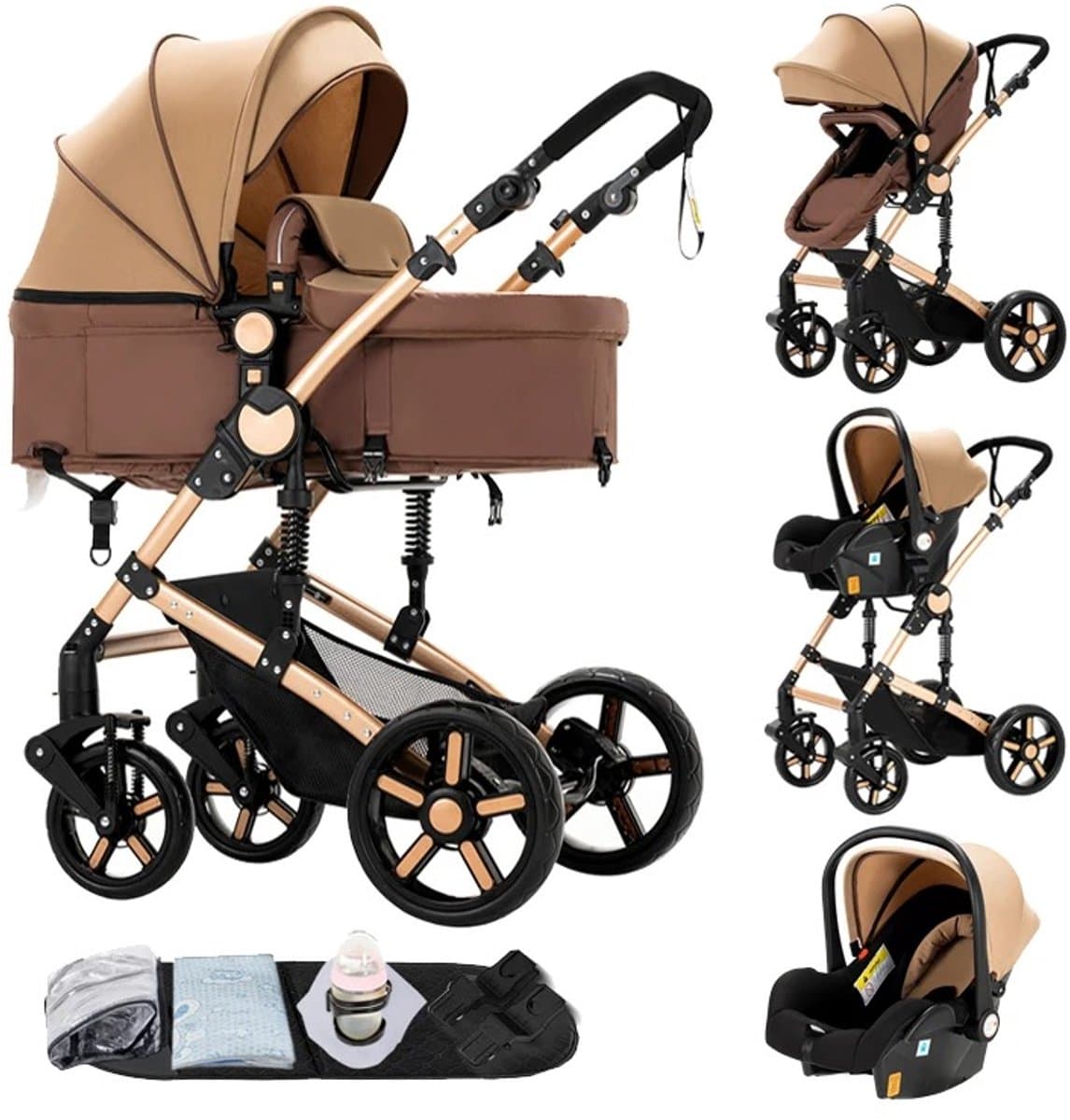 Brandistry - 3 in 1 kinderwagen - Kinderwagen - Maxi Cosi - Wandelwagen - Lichtgewicht - Opvouwbaar - Inclusief Regenhoes - Khaki