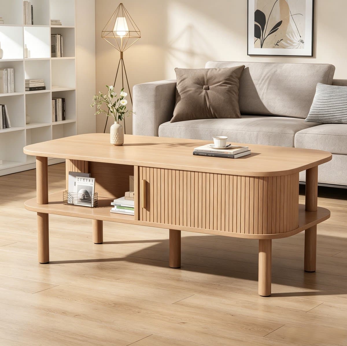 OKWISH Salontafel - Scandinavische Opbergruimte Met Schuifdeur - 110 x 55 x 45 cm - 2 Niveaus - MDF Naturel Houtkleur