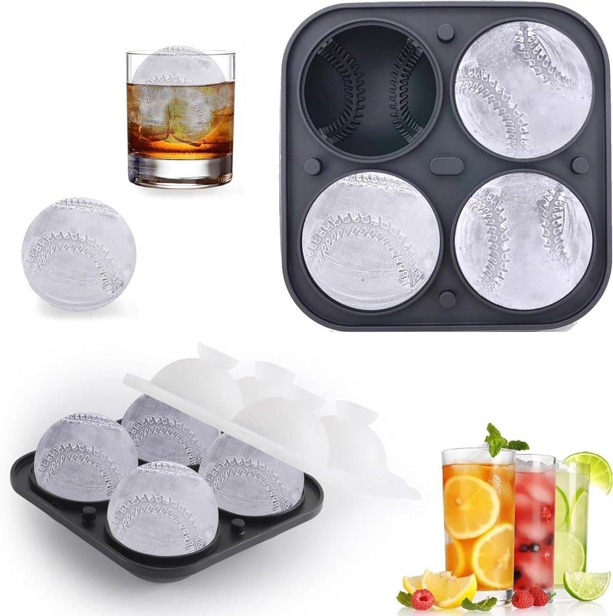 VVGoods - Siliconen ijsblokjesvorm voor whisky, cocktail en herbruikbare ijsblokjeshouder met deksel - honkbal en ronde 3D-ijsblokjesvormen.