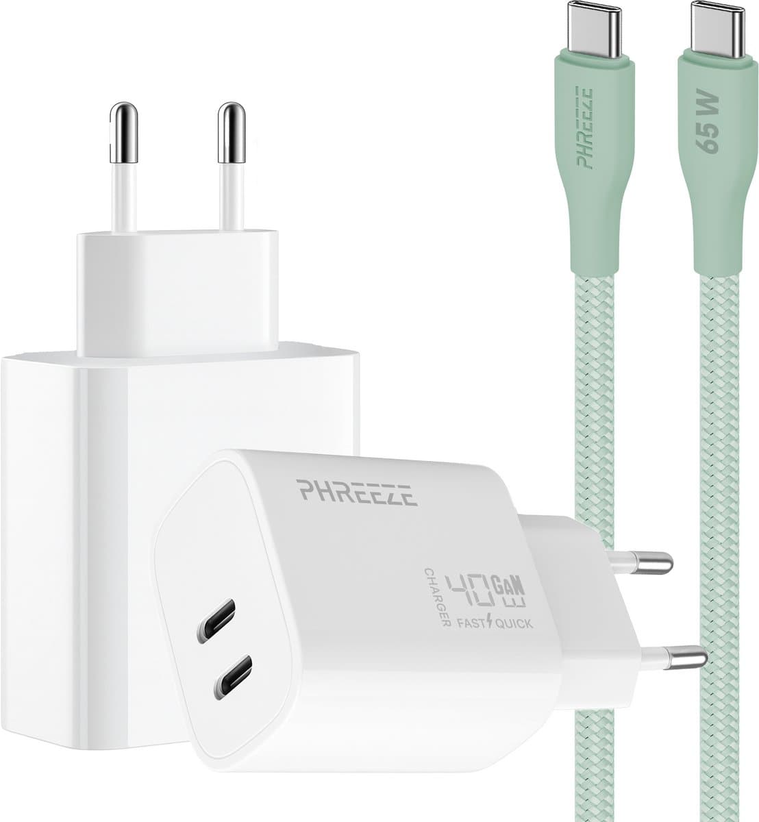 Phreeze usb C snellader 40 W - Met groene usb C kabel - Power Delivery oplader met 2 usb C poorten - en Laptop