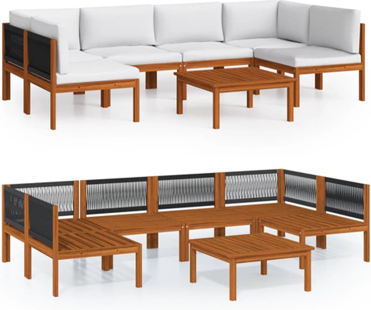 vidaXL - 7-delige - tuinloungeset - met - kussens - crèmekleurig - acaciahout - en - touw