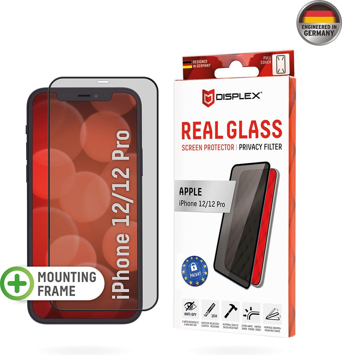 Displex Privacy Glass FC + Frame screenprotector geschikt voor iPhone 12 en iPhone 12 Pro - transparant