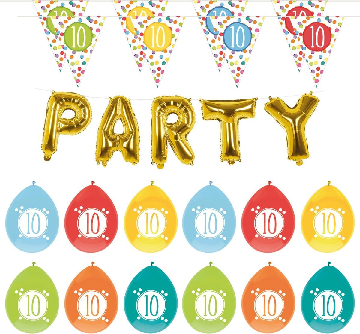Haza - Verjaardag 10 jaar feestartikelen pakket vlaggetjes/ballonnen