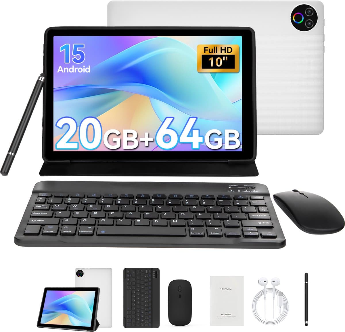 Hotlight 10.1 Inch Tablet - Android 15 Tablet met Toetsenbord - Hoes - Stylus - Muis - 20GB RAM+64GB ROM - 5G Wifi 6 - Bluetooth 5.3 - 5000mAh - Wit