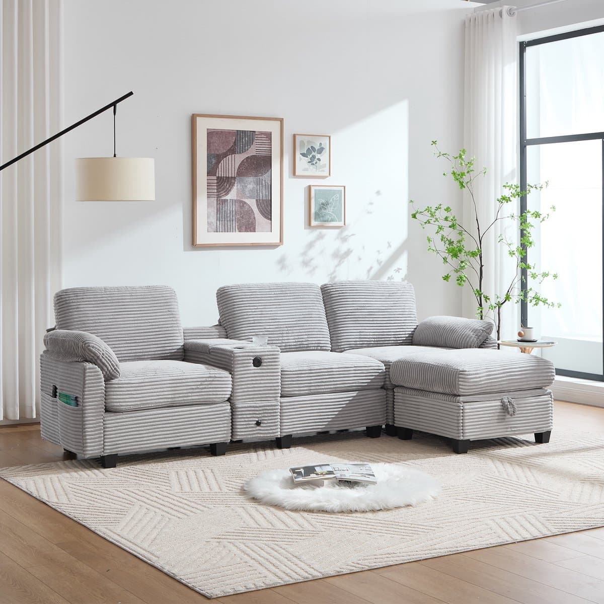 MIVRAY Hoekbank Met Memory Foam, USB-C, Opbergconsole En Opberghocker - Voor Woonkamer En Lounge - Ribstof Lichtgrijs