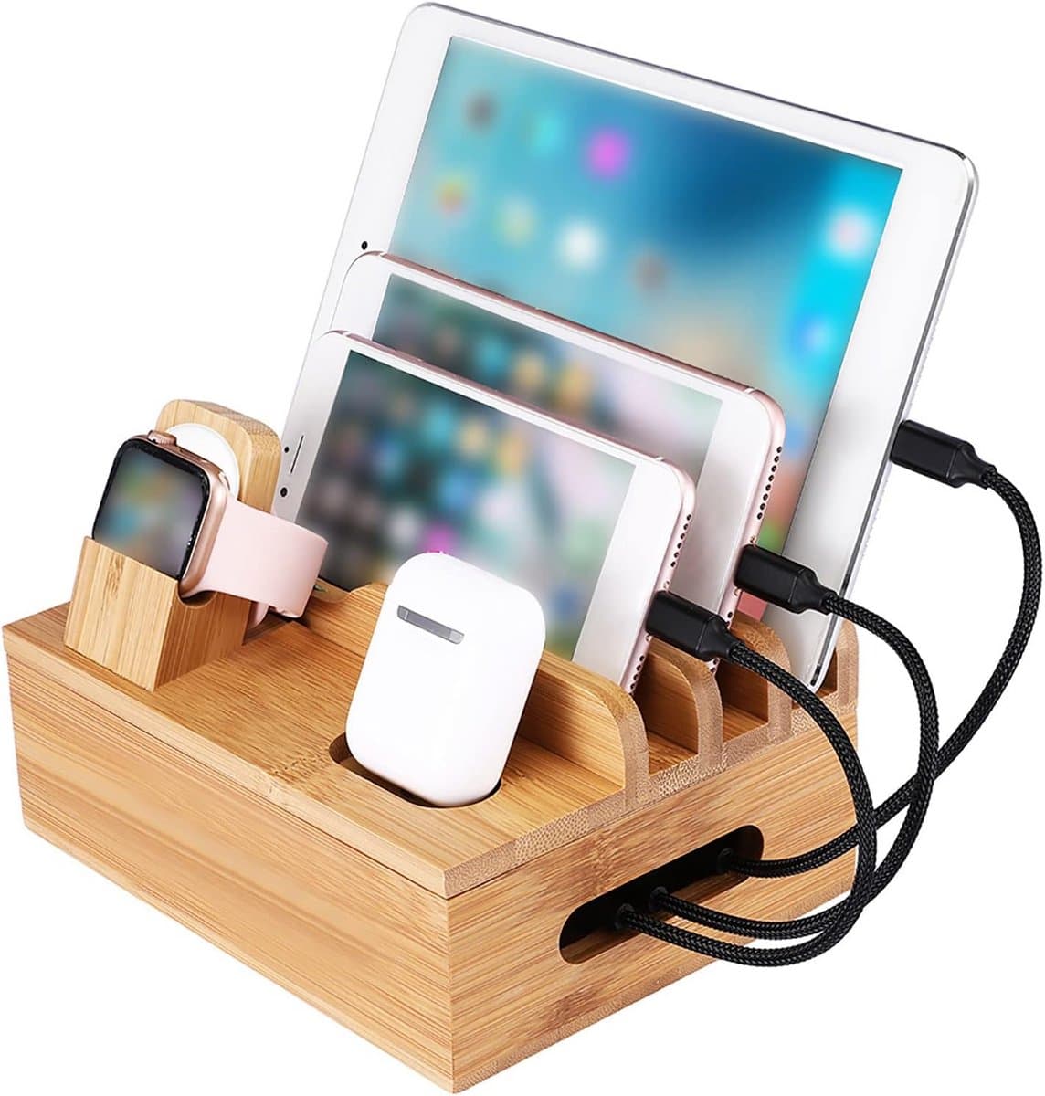 Houten Oplaadstation en Organizer voor Mobiele Telefoons en Smartwatches