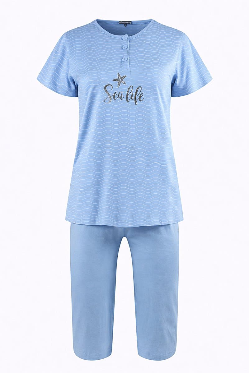 Dames Pyjama - Katoen - Zomer - 3/4 broek - Lichtblauw Gestreept - Maat S