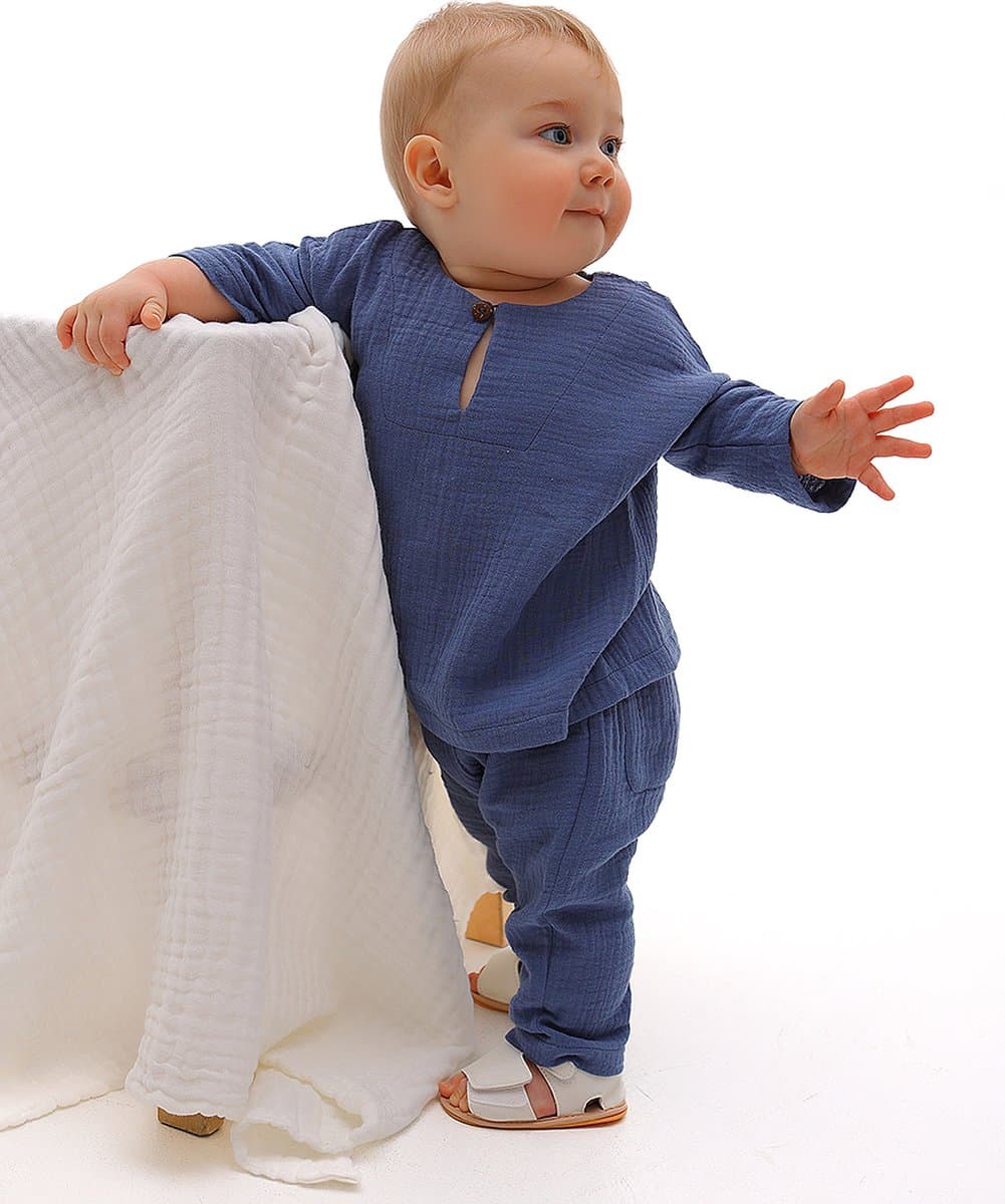 RobyKris Baby Shirt - Katoenen mousseline - Blauw - Maat 74-80