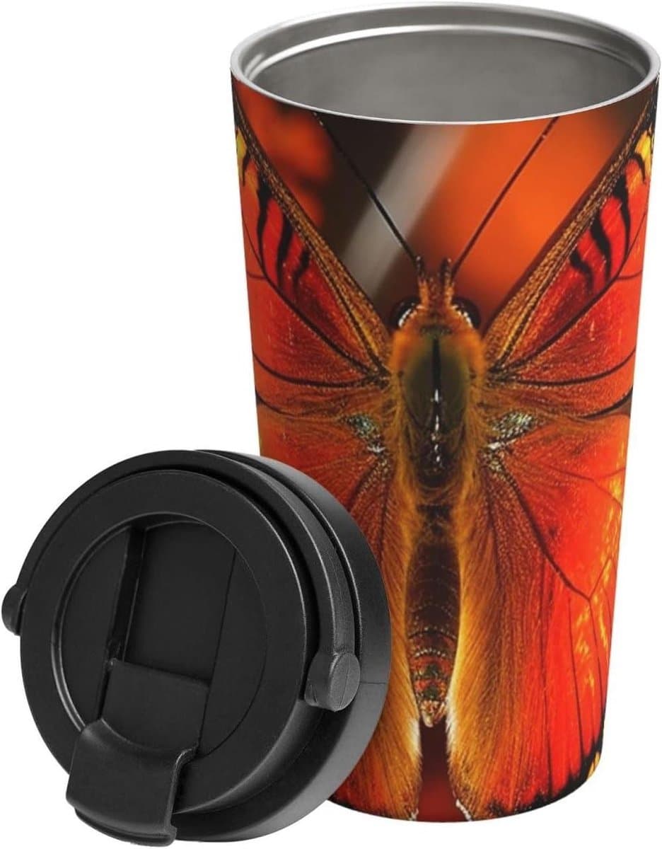 Geïsoleerde Koffiemok - Reismok RVS - Warme Drankjes Meenemen - Lekvrij en Draagbaar - 17 cm Hoog - Oranje Vlinder