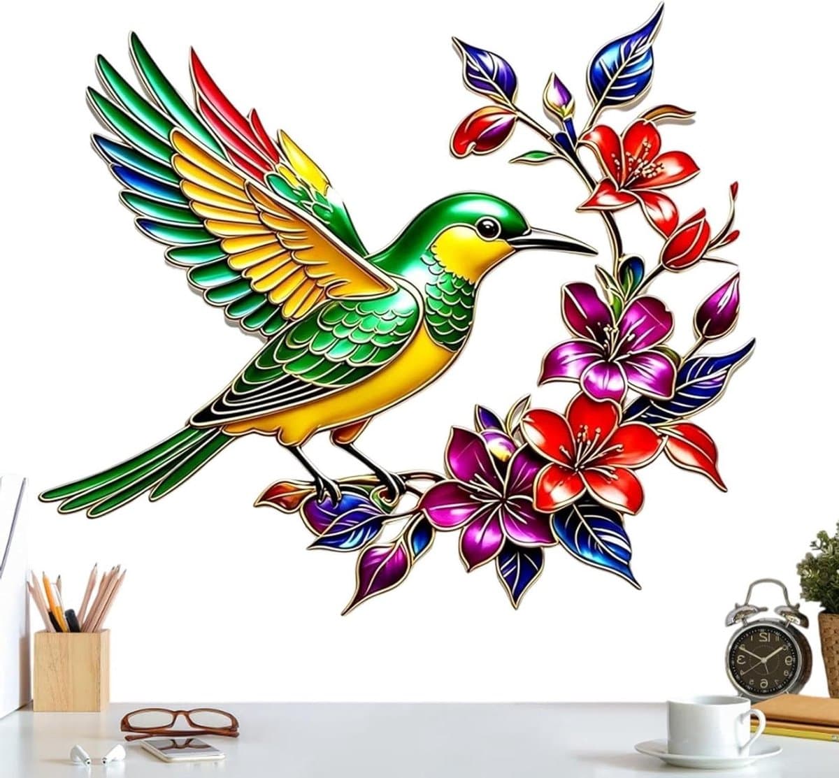 Metalen Muurkunst - Vogel Decoratie - Buiten Verfraaien - Handgemaakt Kleurrijk - 32 x 32 cm - Multicolor