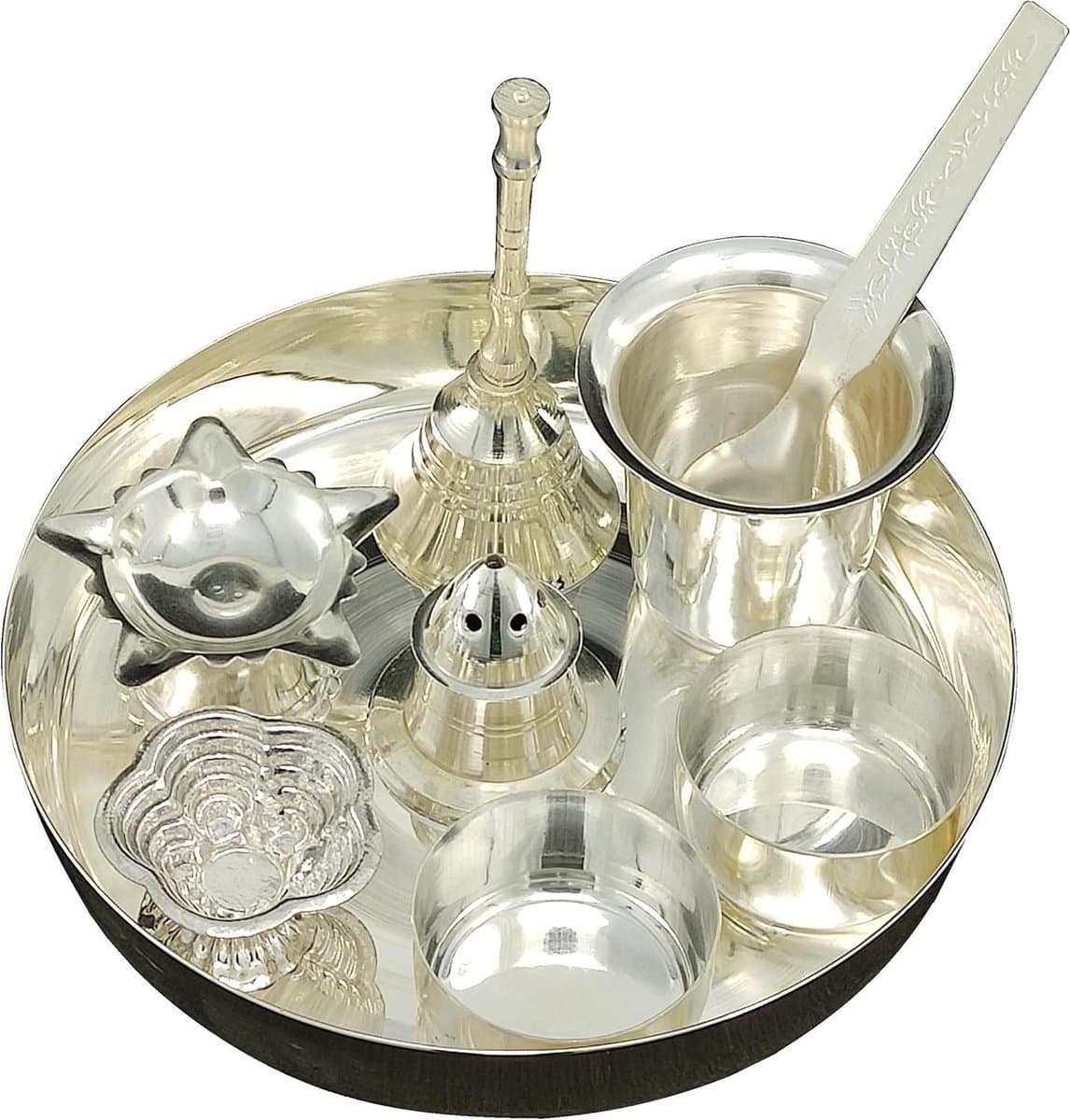 Pooja Thali Set - Religieuze Set - Dagelijkse Puja - Zilverkleurig Verzilverd - 5 Inch - Zilver