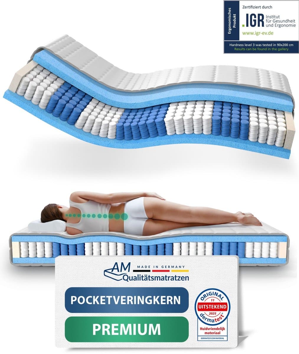 AM Qualitätsmatratzen - Hoogwaardig 7-Zone Pocketveringmatras 140x180 cm (H3) - 24 cm - Gemiddeld - Pocketvering Matras 140 x 180 - TENCEL Lyocell tijk - ergonomisch matras