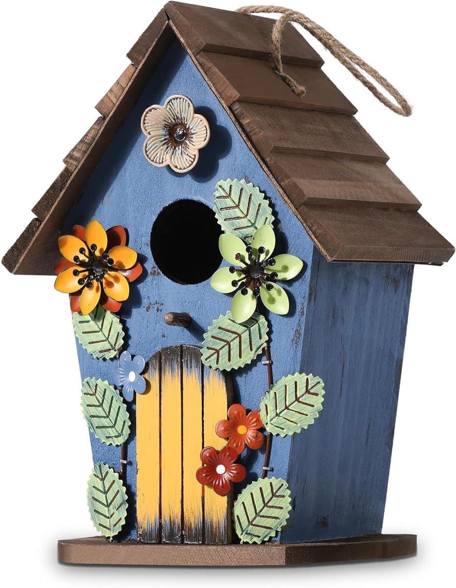 Hangend decoratief vogelhuis blauw met bloemen- en bladmotieven - Houten nestkast voor tuin balkon terras - 40 mm invliegat - 26 x 18 x 14 cm (h x b x d)
