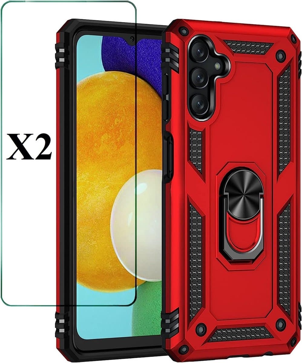 Hoesje Geschikt Voor Samsung Galaxy A34 Hoesje Anti-Shock Hybrid Armor hoesje Rood - Hoesje Geschikt Voor Samsung Galaxy A34 kickstand Ring houder TPU backcover hoesje - met screenprotector Galaxy A34 - 2 pack