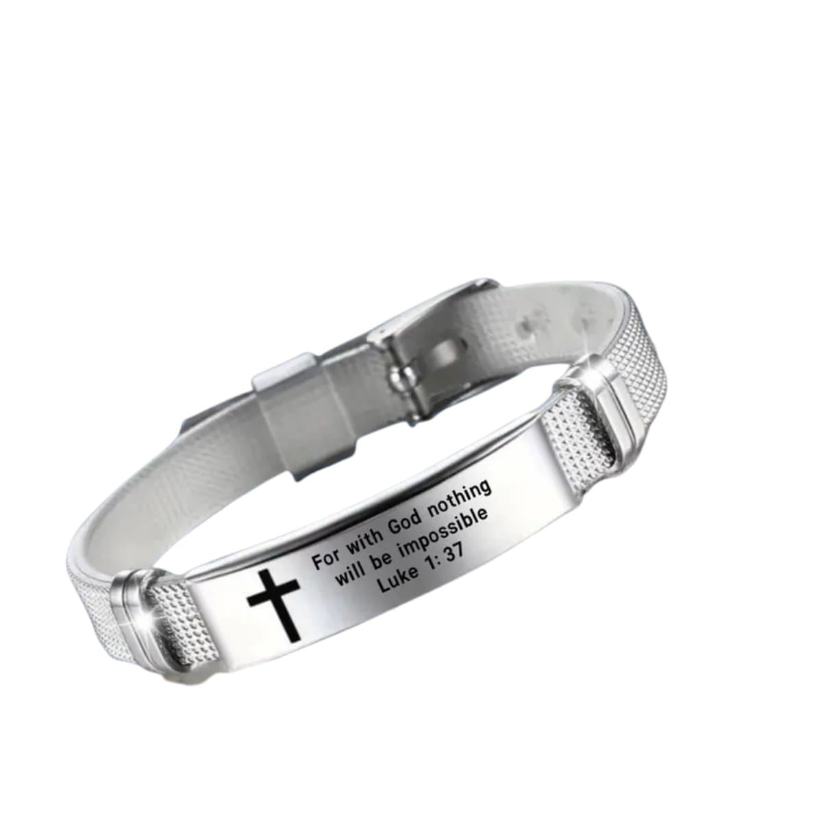 Christelijke Armband met Kruis - Roestvrij Staal - Verstelbare Armband voor Mannen & Vrouwen - For With God Nothing Will Be Impossible Luke 1:37 - Inspirerende Faith Jewelry - Zilverkleurig, Duurzaam & Stijlvol Cadeau met Geloofssymbool
