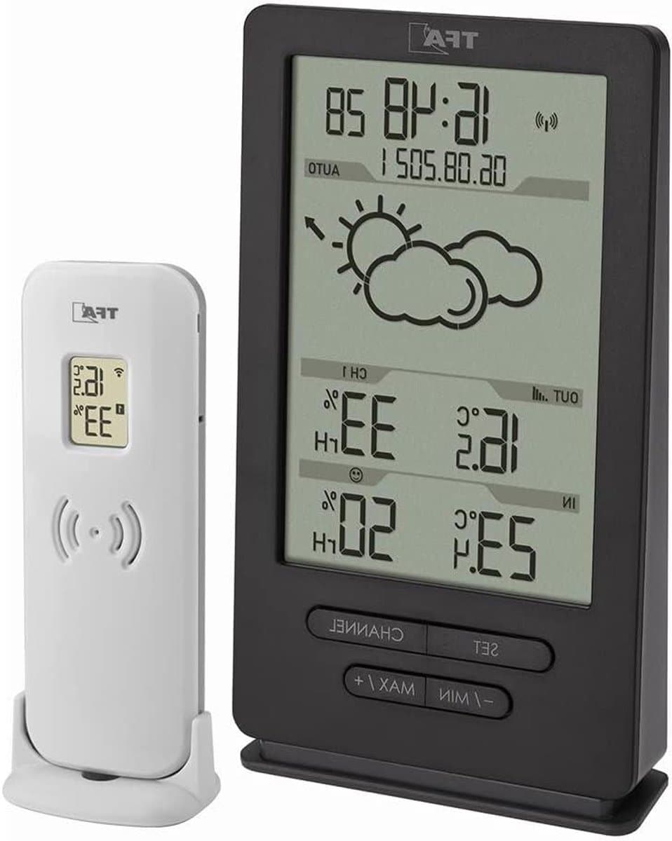 Draadloos Weerstation - Binnen Buiten Klimaat - Weersvoorspelling Monitoren - Zendergestuurde Klok - 100m Zendbereik - Antraciet