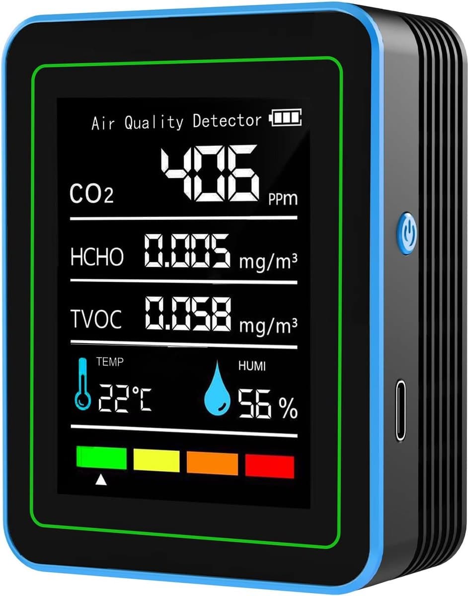Luchtkwaliteit Monitor - Luchtkwaliteit Tester - Binnenmilieu Checken - 5-in-1 Sensor - 2000mAh Batterij - Zwart Blauw