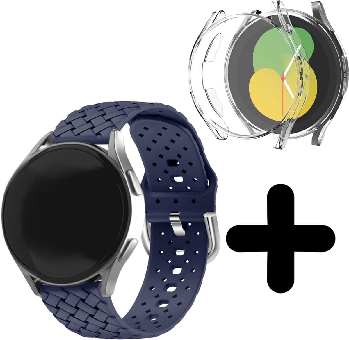 Strap-it Geschikt voor Samsung Galaxy Watch 5 40mm gevlochten siliconen bandje (donkerblauw) - Band siliconen Galaxy Watch 5 40 mm - Incl. screenprotector case bescherming - Hoesje beschermhoes beschermer - Transparant full cover hardcase
