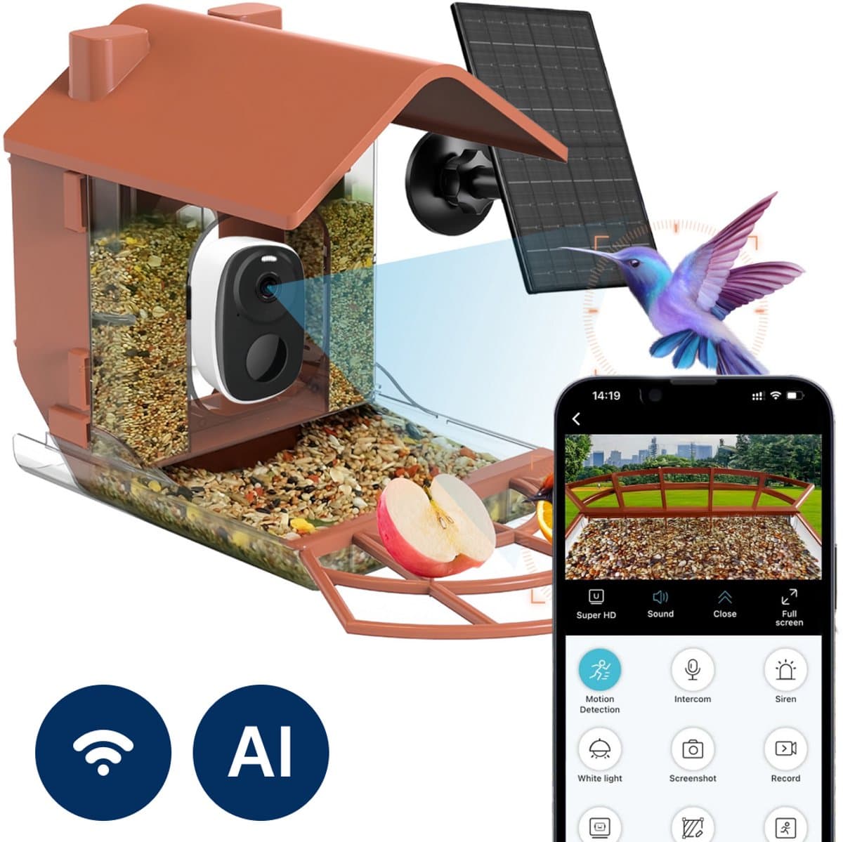BALORS® Vogelhuisje met Camera - met Geluid - Draadloze WiFi Vogelcamera met Nachtzicht & Bewegingsdetectie - Live meekijken via app - Vogelvoederhuisje - Met Zonnepanelen - Vogelhuisjes - Vogelvoederstation - Waterdicht - Vogelhuisje op Paal - Bruin