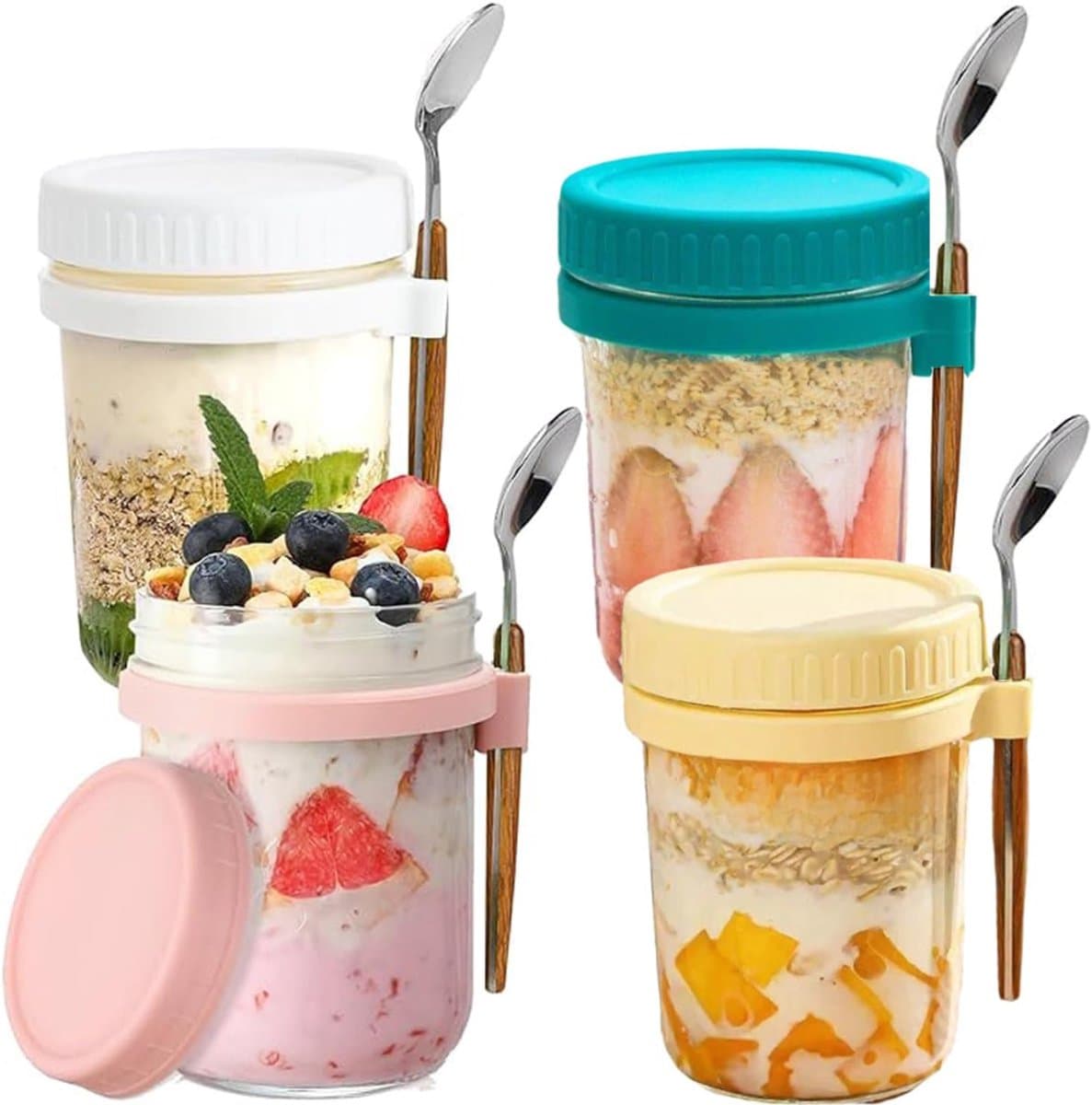 ZRSS® Overnight Oats Potjes - 4 Stuks - Glazen Potjes met Deksel - Muesli Beker - Yoghurtbeker - Met Deksel en Lepel - 350 ml