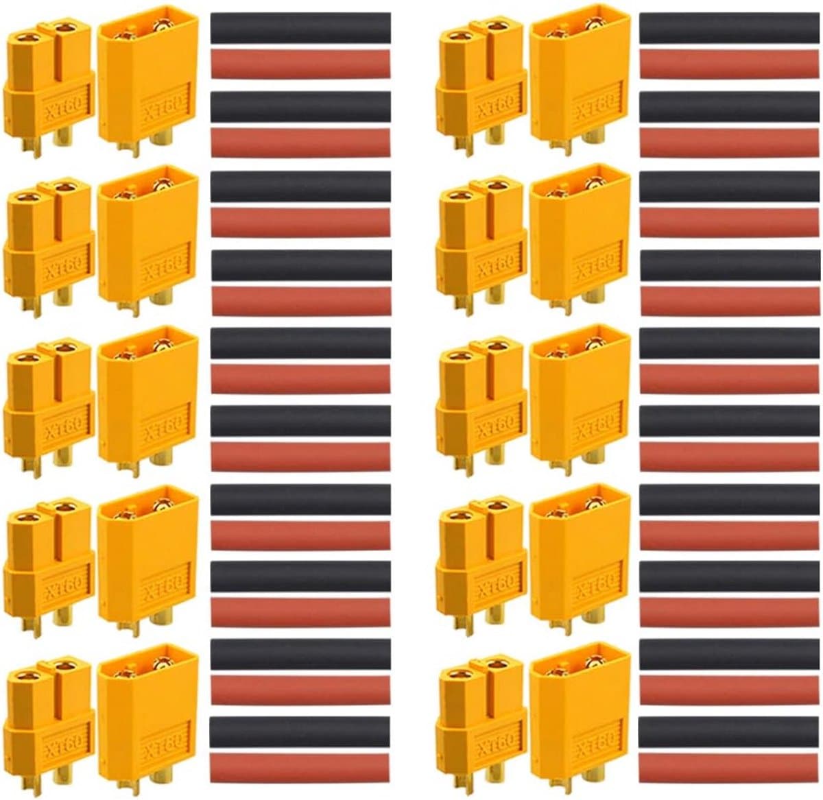 10 Pairs Premium XT-60 Male & Female Battery Sockets - Hoogwaardige Stroom - Gouden Plug - Ronde Plug - Heat Shrink Tubing