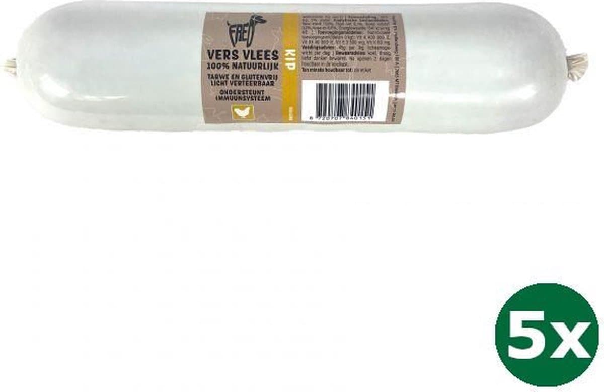 5x900 gr Freds gestoomd vers vlees worst kip tarwe en glutenvrij hondenvoer